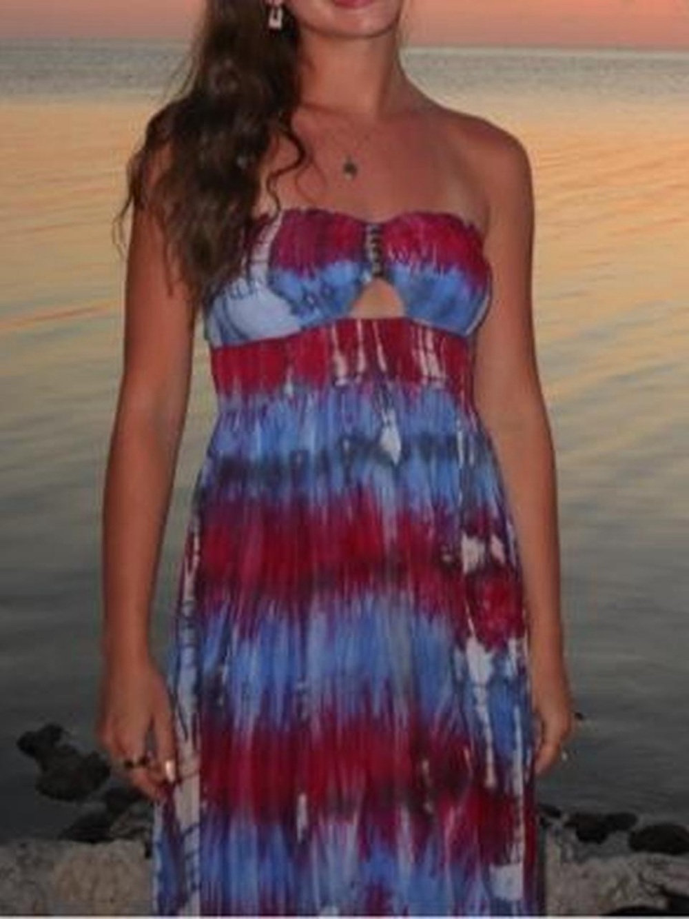 Strapless Tie-Dye Maxi Dress in Red & Blue